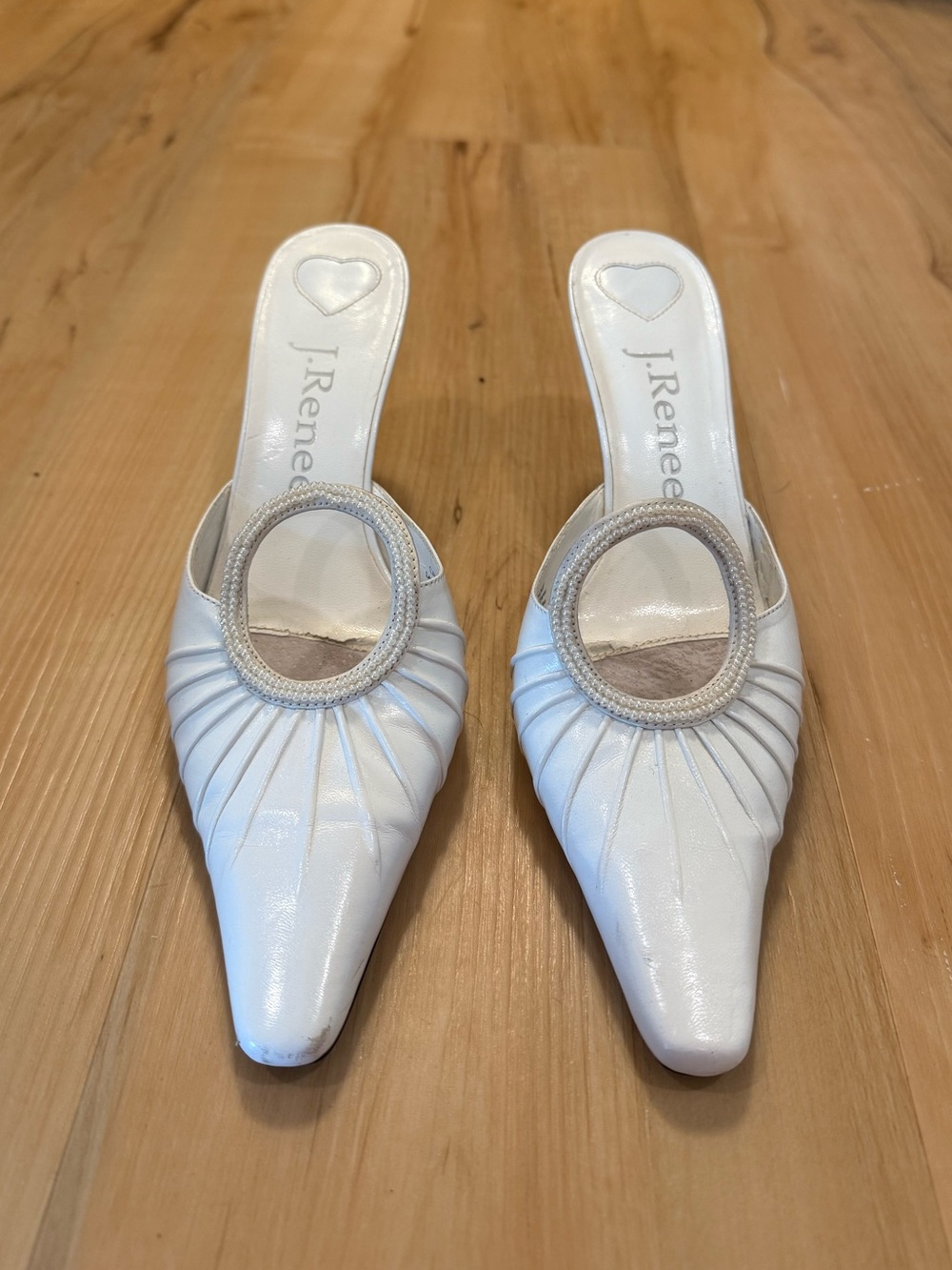 J.Renee White Pointed Slip-On Mules with Circular Accent